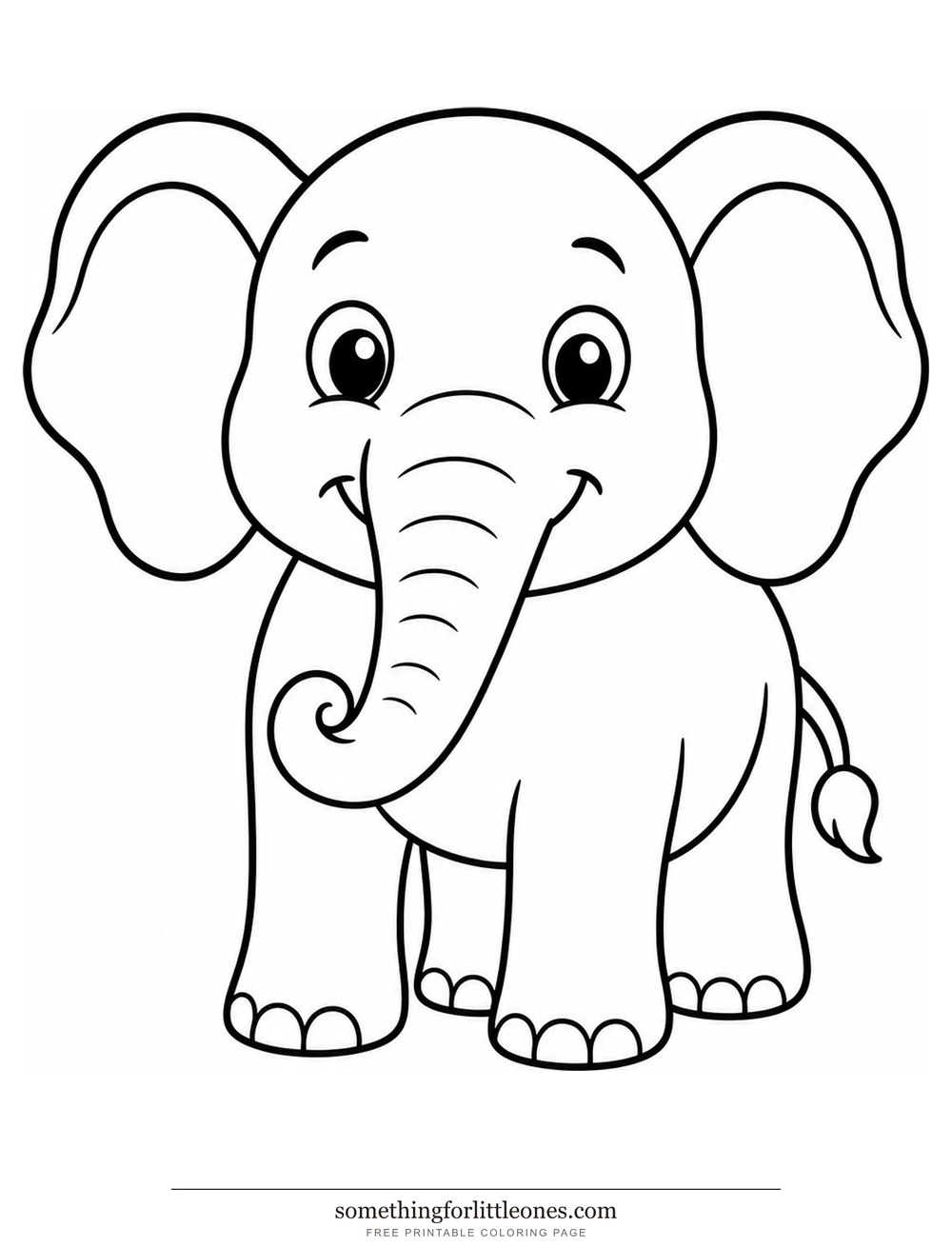 Line drawing of a standing elephant with large ears and a curled trunk