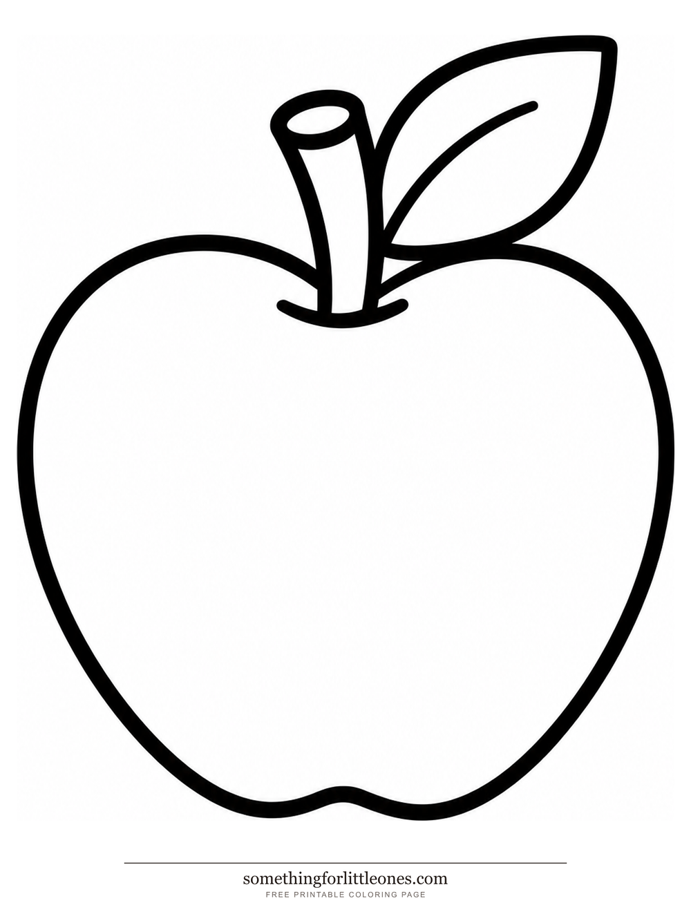 Line drawing of one large apple with a short stem and a single leaf.