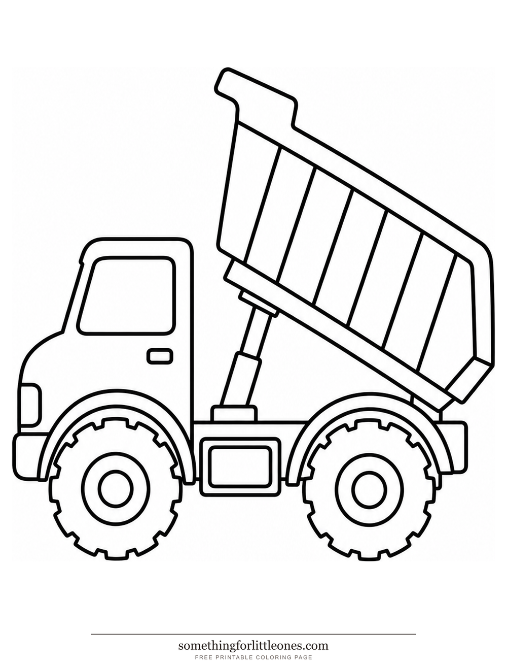 Line drawing of a dump truck with the bed raised and large wheels
