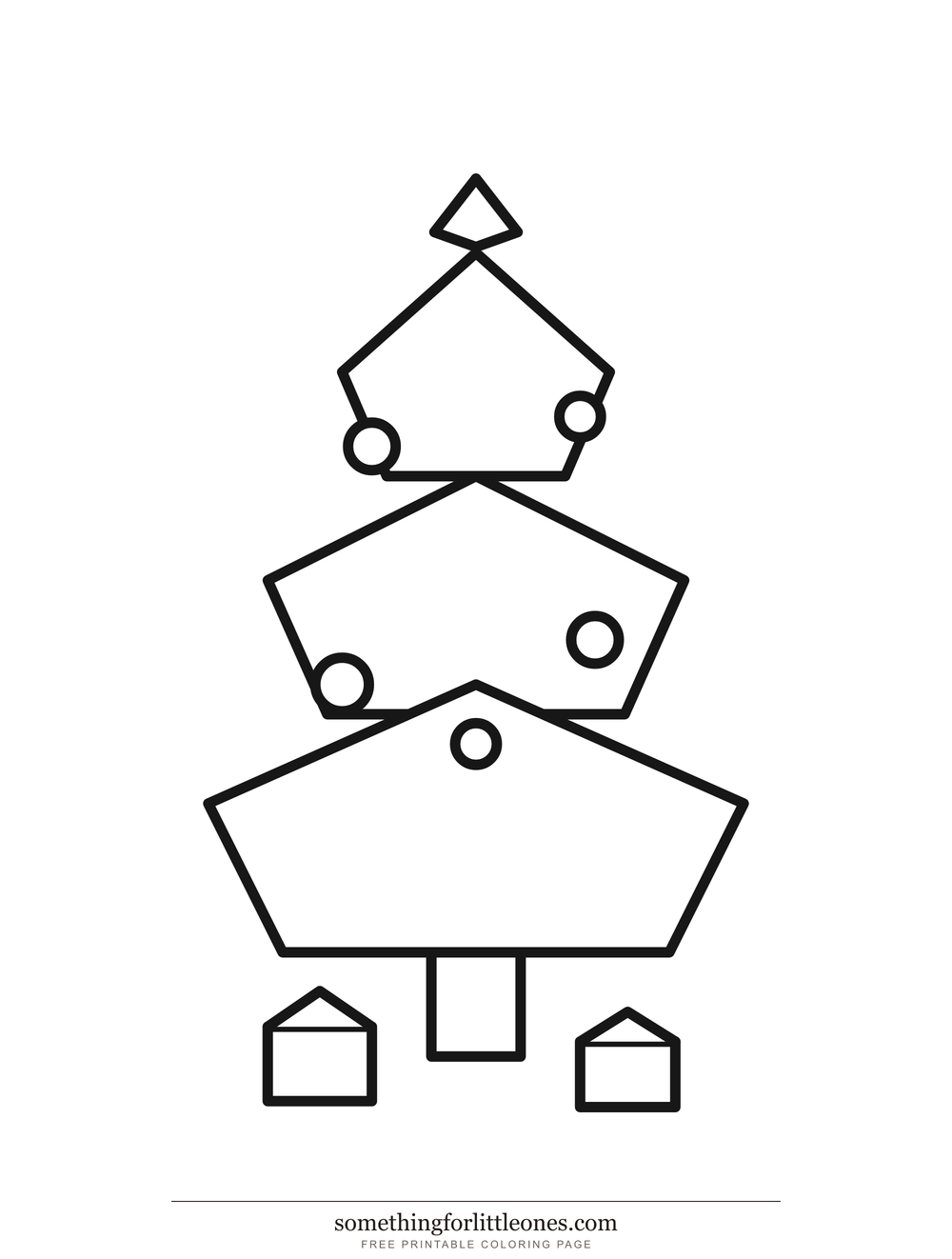 Line drawing of a Christmas tree with ornaments, a star, and presents at the base