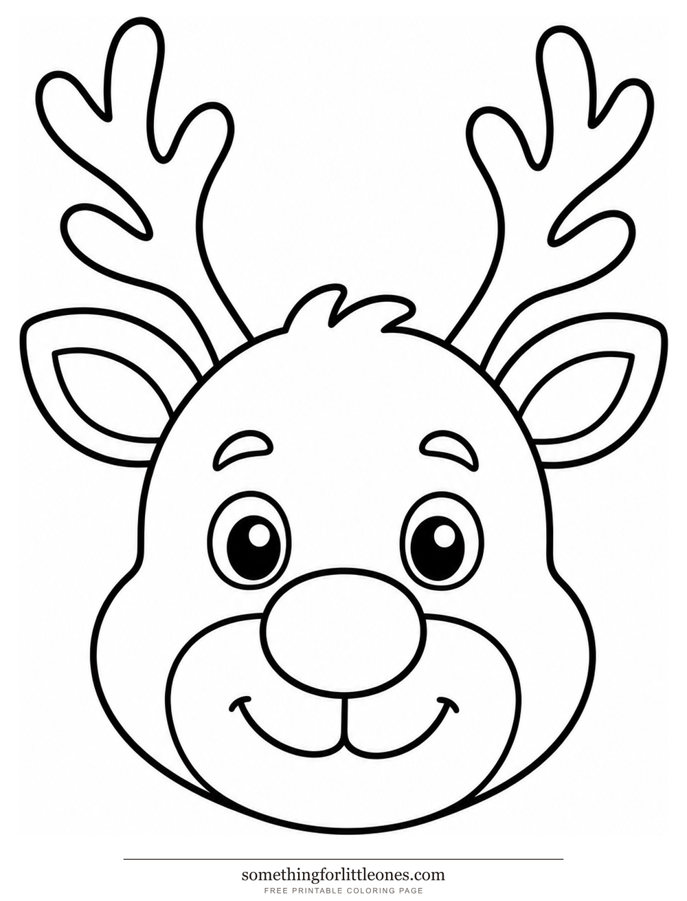 Line drawing of a reindeer face with branching antlers and a round nose