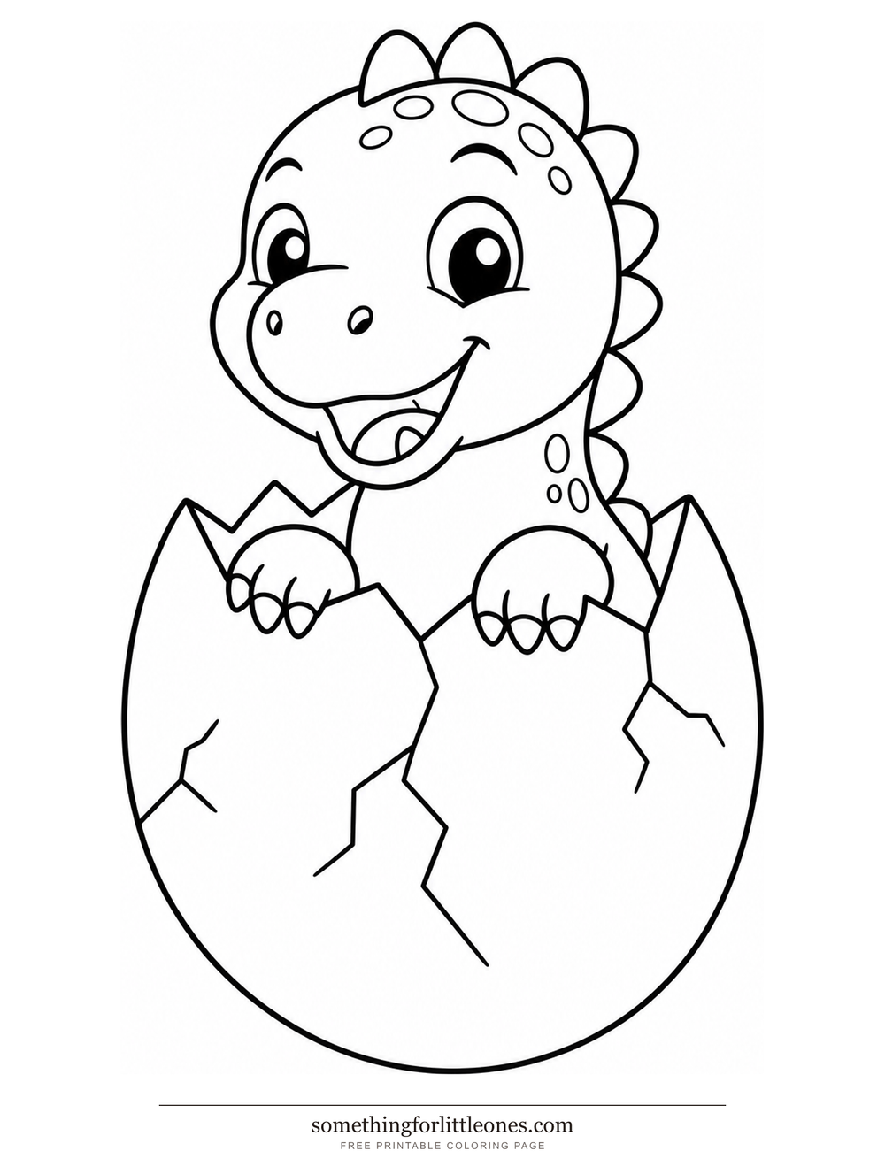 Line drawing of a baby dinosaur hatching from a large cracked egg
