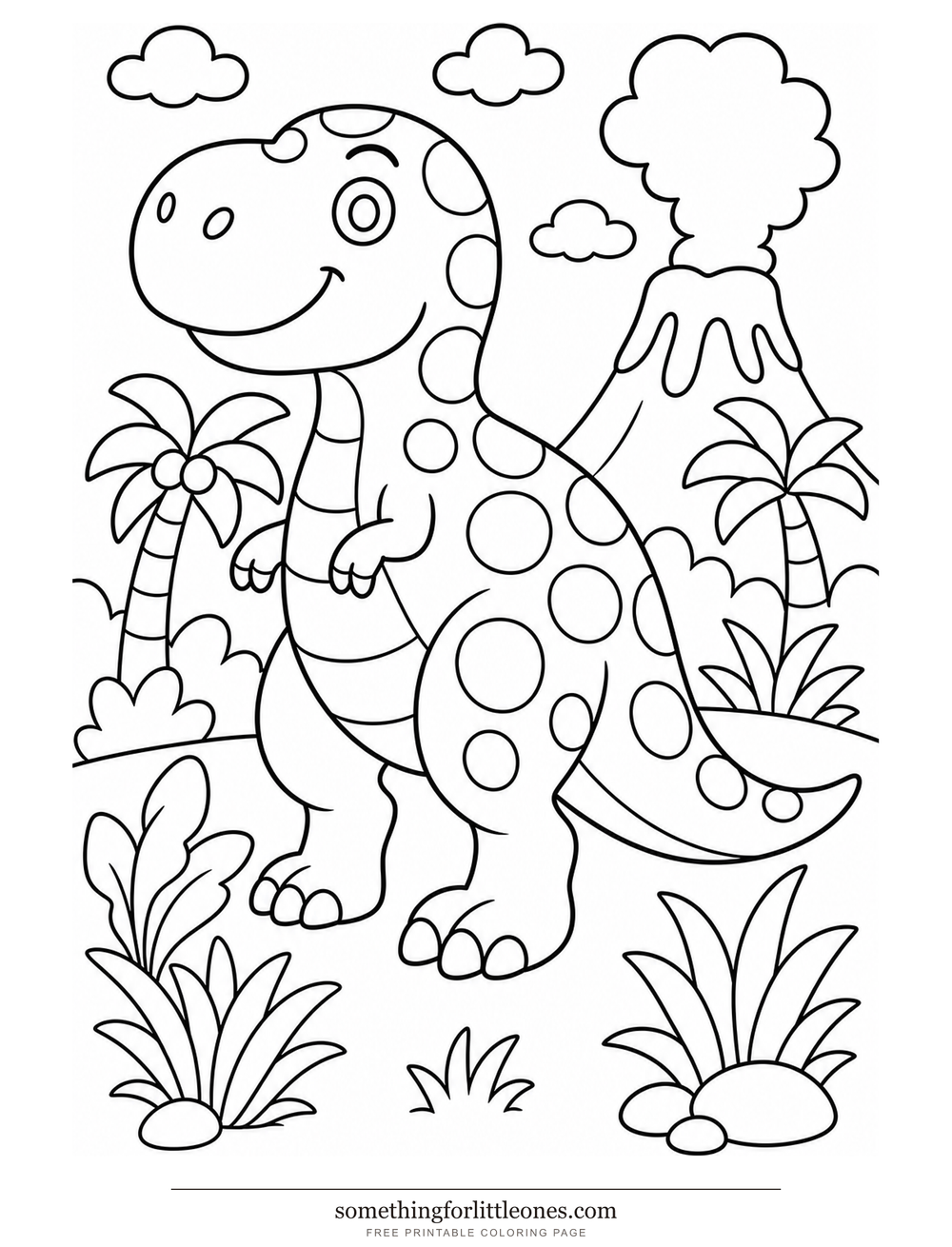Line drawing of a friendly spotted tyrannosaurus with plants at its feet.