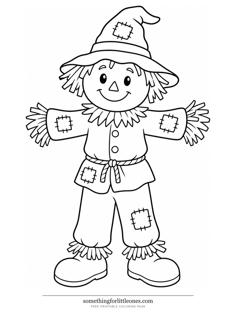 Line drawing of a standing scarecrow with a floppy hat, patched shirt, straw cuffs, and a smile