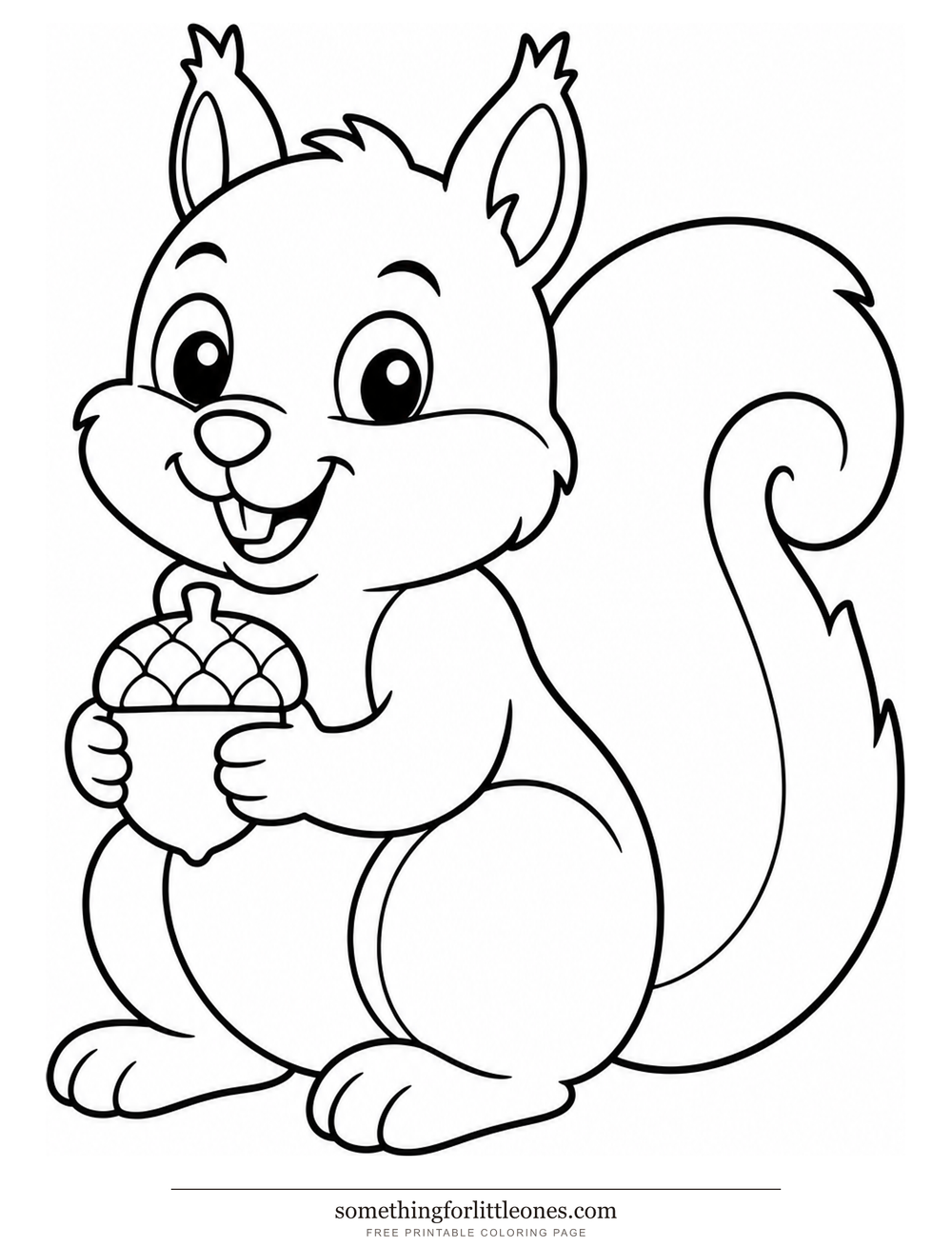 Line drawing of a sitting squirrel holding an acorn, with a large curled tail