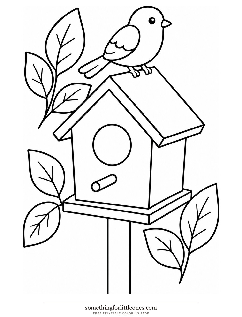 Line drawing of a birdhouse on a post with one bird and a few leaves.