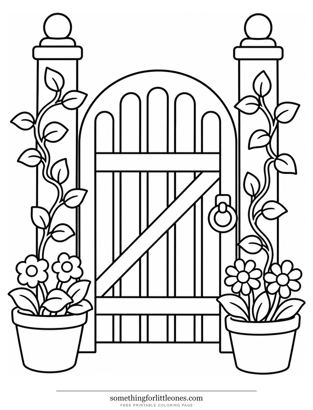 Line drawing of a garden gate with vines and two flower pots.