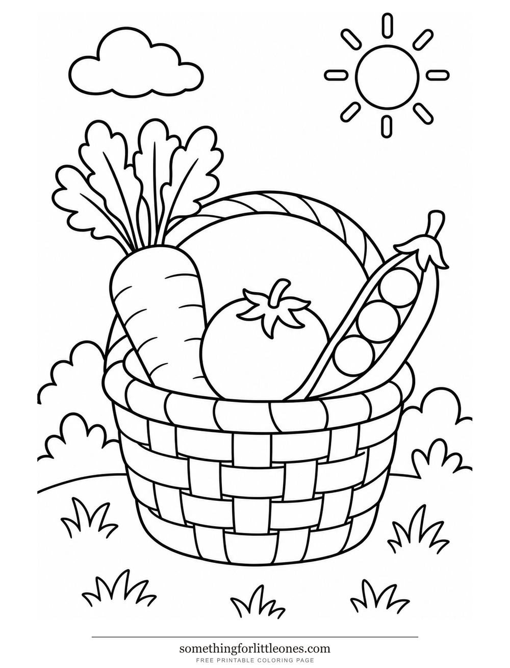 Line drawing of a basket holding a carrot, a tomato, and a pea pod.