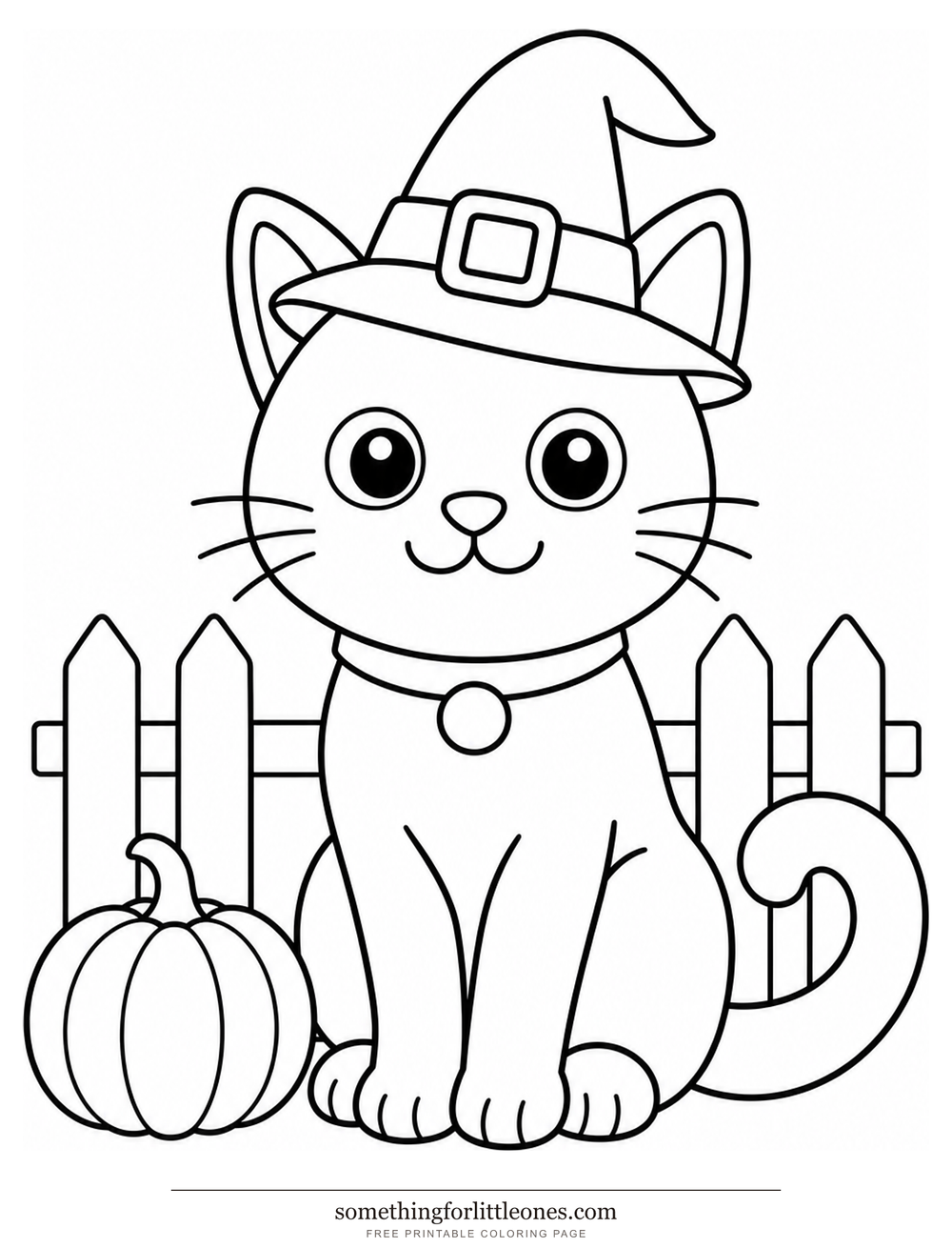 Line drawing of a seated cat with a curled tail and a low fence behind it