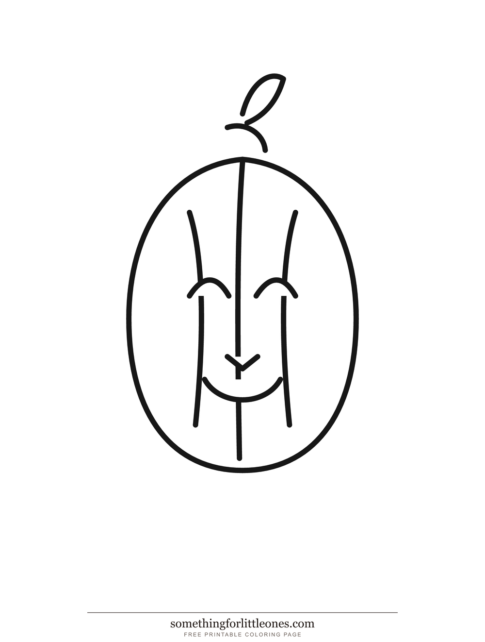 Line drawing of a smiling jack-o-lantern with a curved stem and one leaf