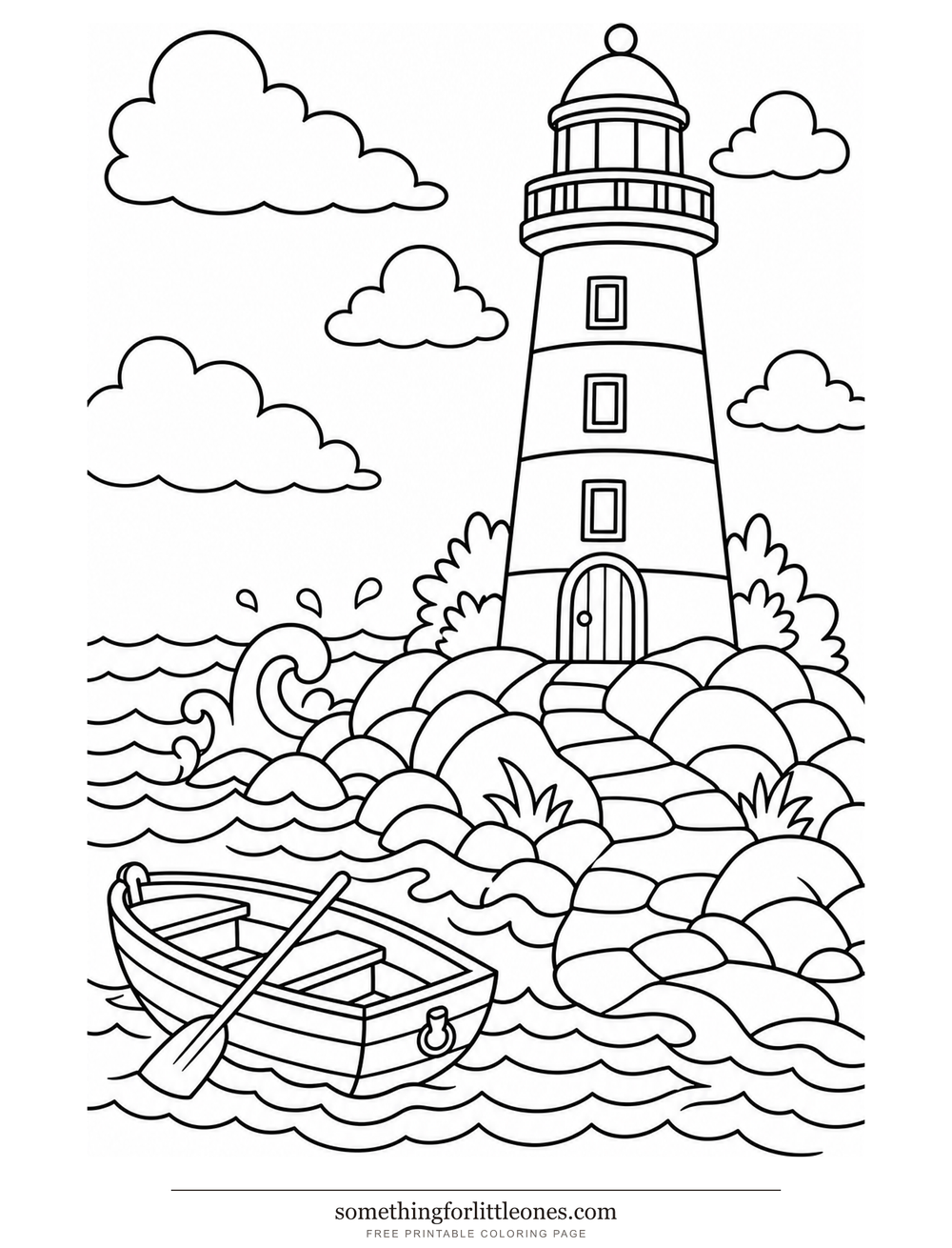 Line drawing of a lighthouse on rocks with waves, a rowboat, and clouds.