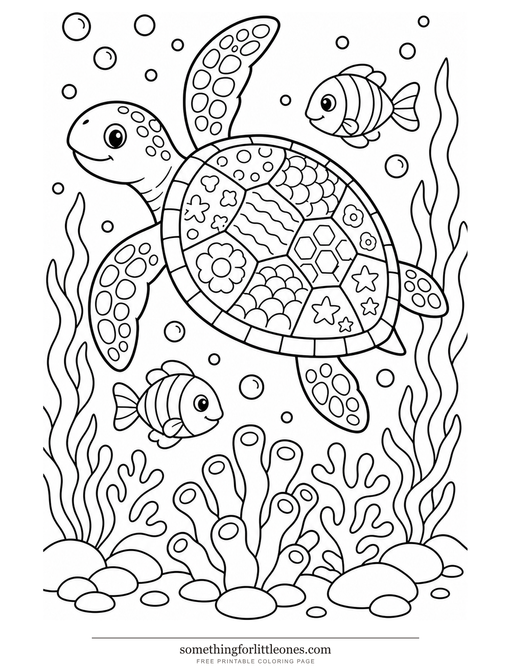 Line drawing of a sea turtle with a patterned shell, seaweed, and two small fish.