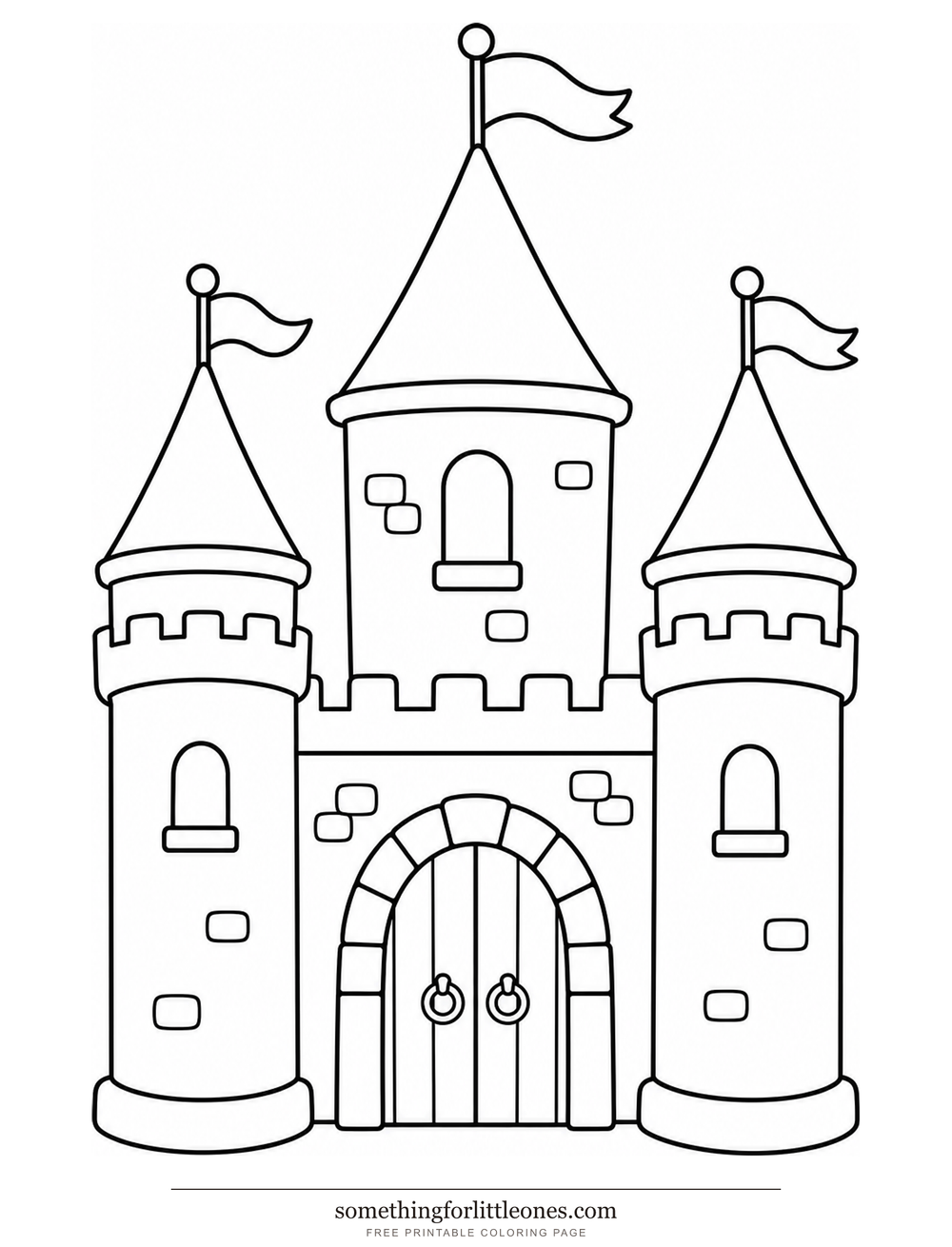 Line drawing of a fairy-tale castle with three towers and a front door