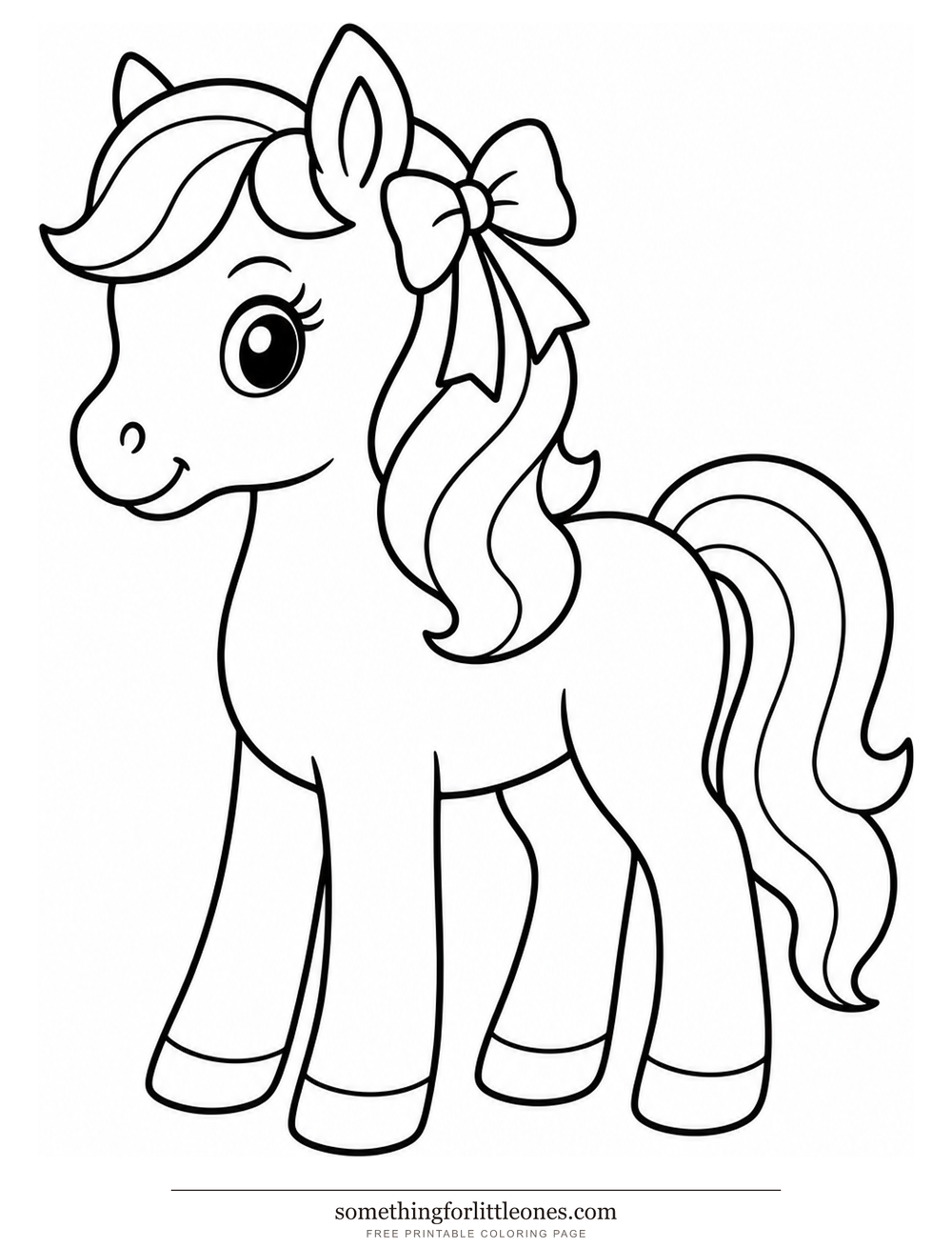Line drawing of a pony facing left with a ribbon tied in its mane