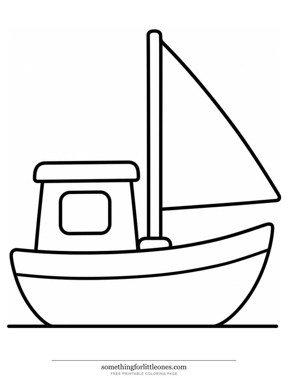 Line drawing of a boat with a hull, a cabin, and one sail.
