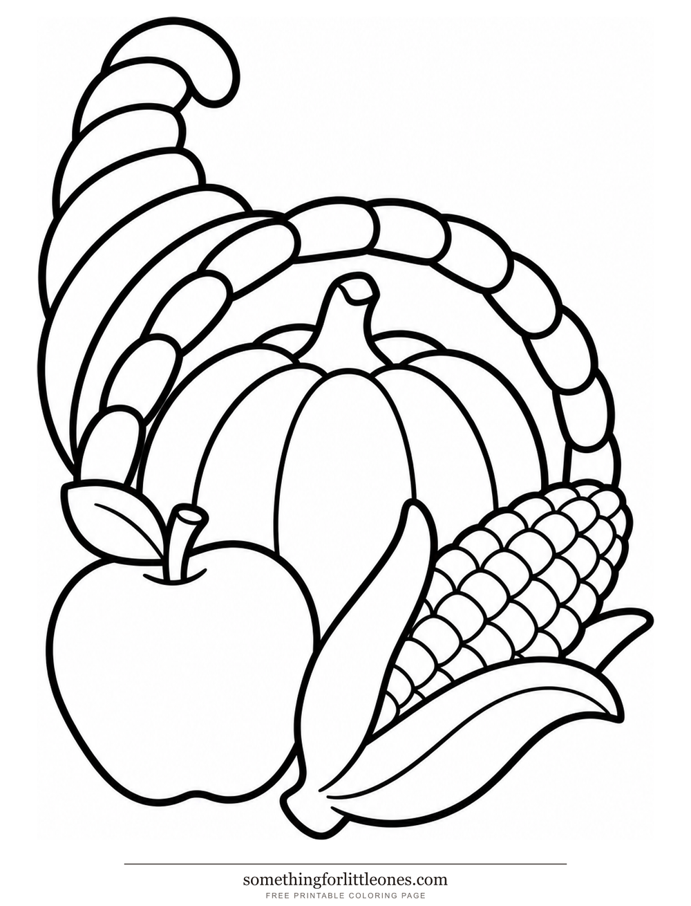 Line drawing of a cornucopia with a pumpkin, an apple, and an ear of corn.