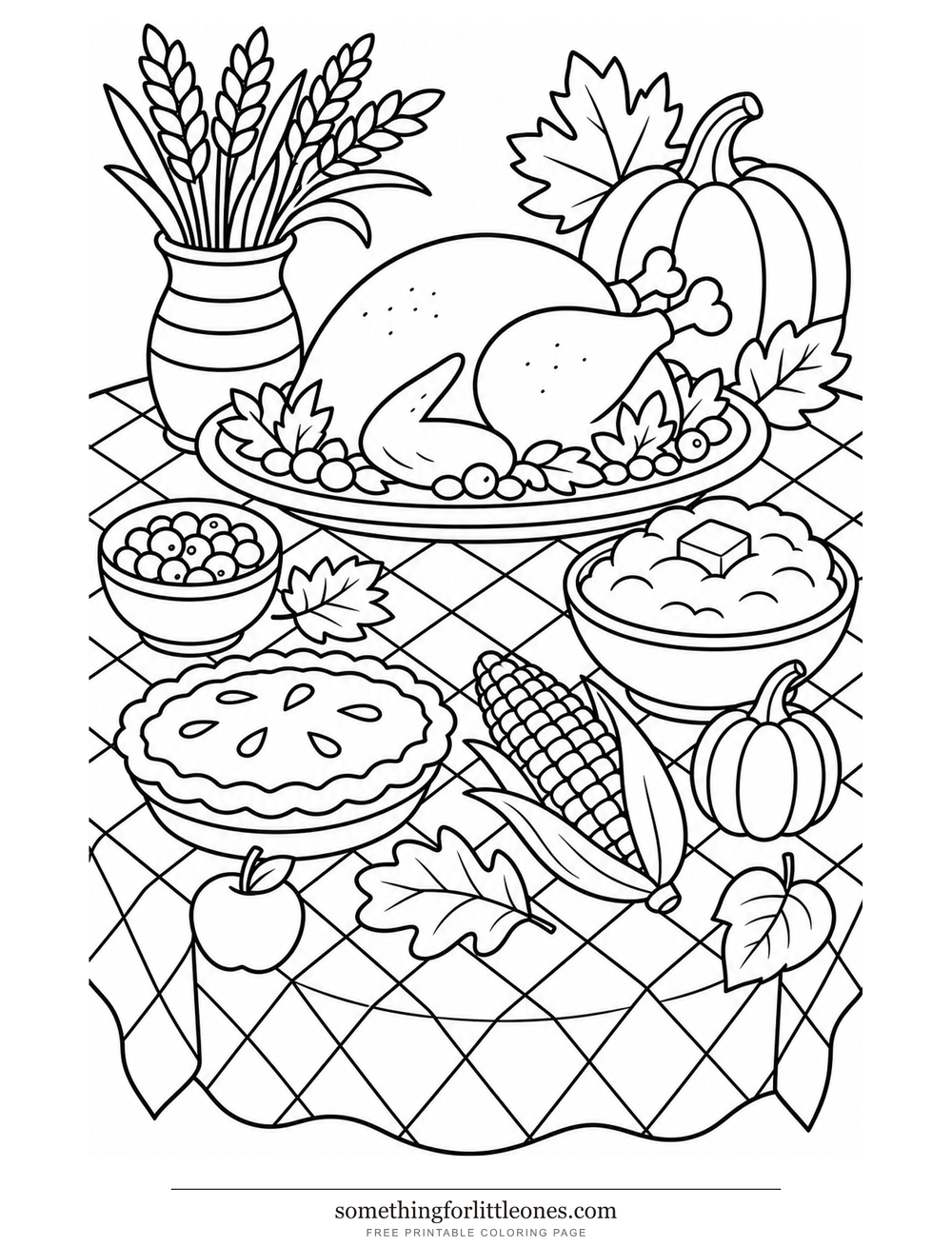 Line drawing of a feast table with a turkey, pie, bowls, corn, and wheat.