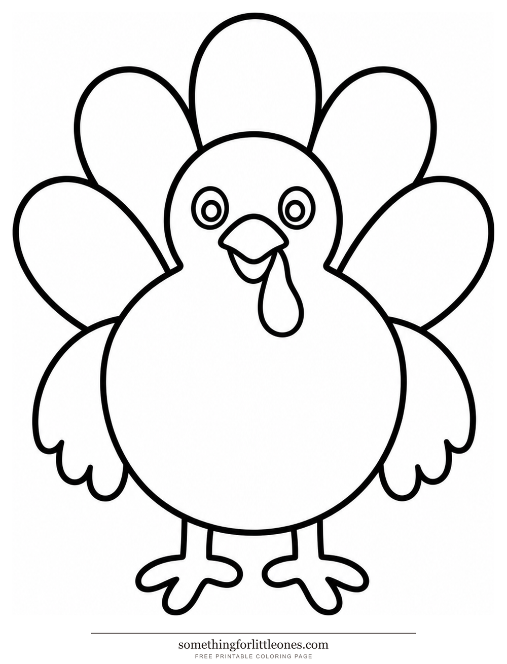 Line drawing of a friendly turkey with a fan of large tail feathers.