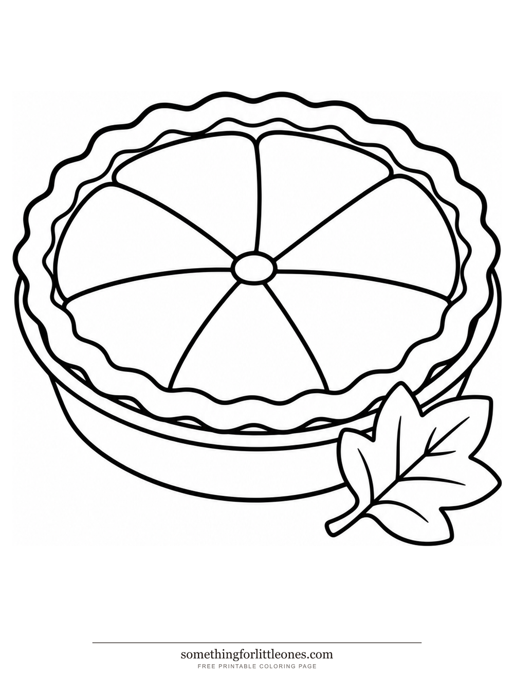 Line drawing of a whole pie in a dish with one leaf beside it.