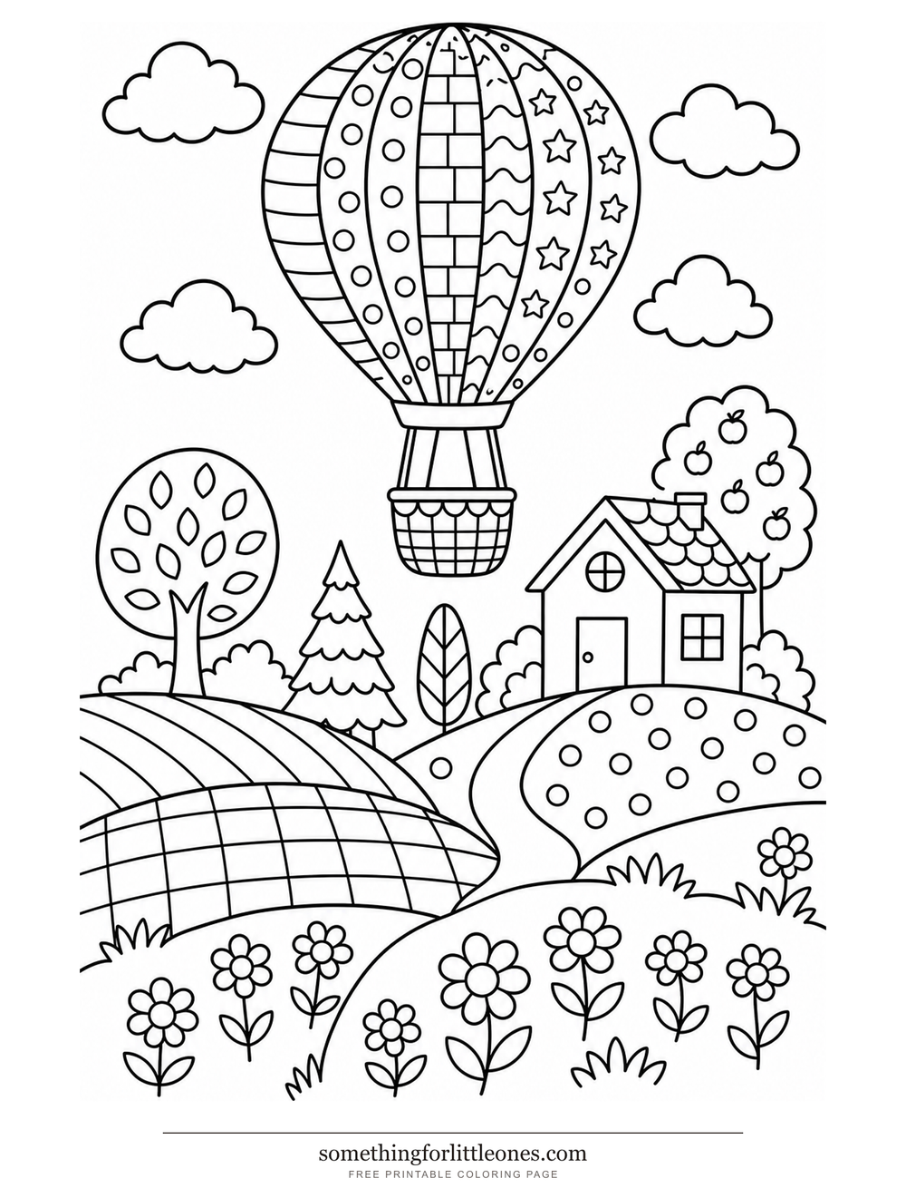 Line drawing of a patterned hot air balloon over hills, with a basket, a house, and trees.