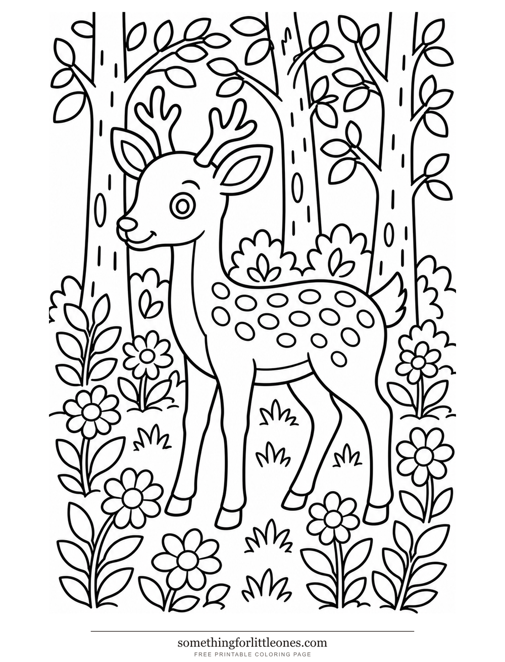 Line drawing of a spotted deer among a few trees and flowers.