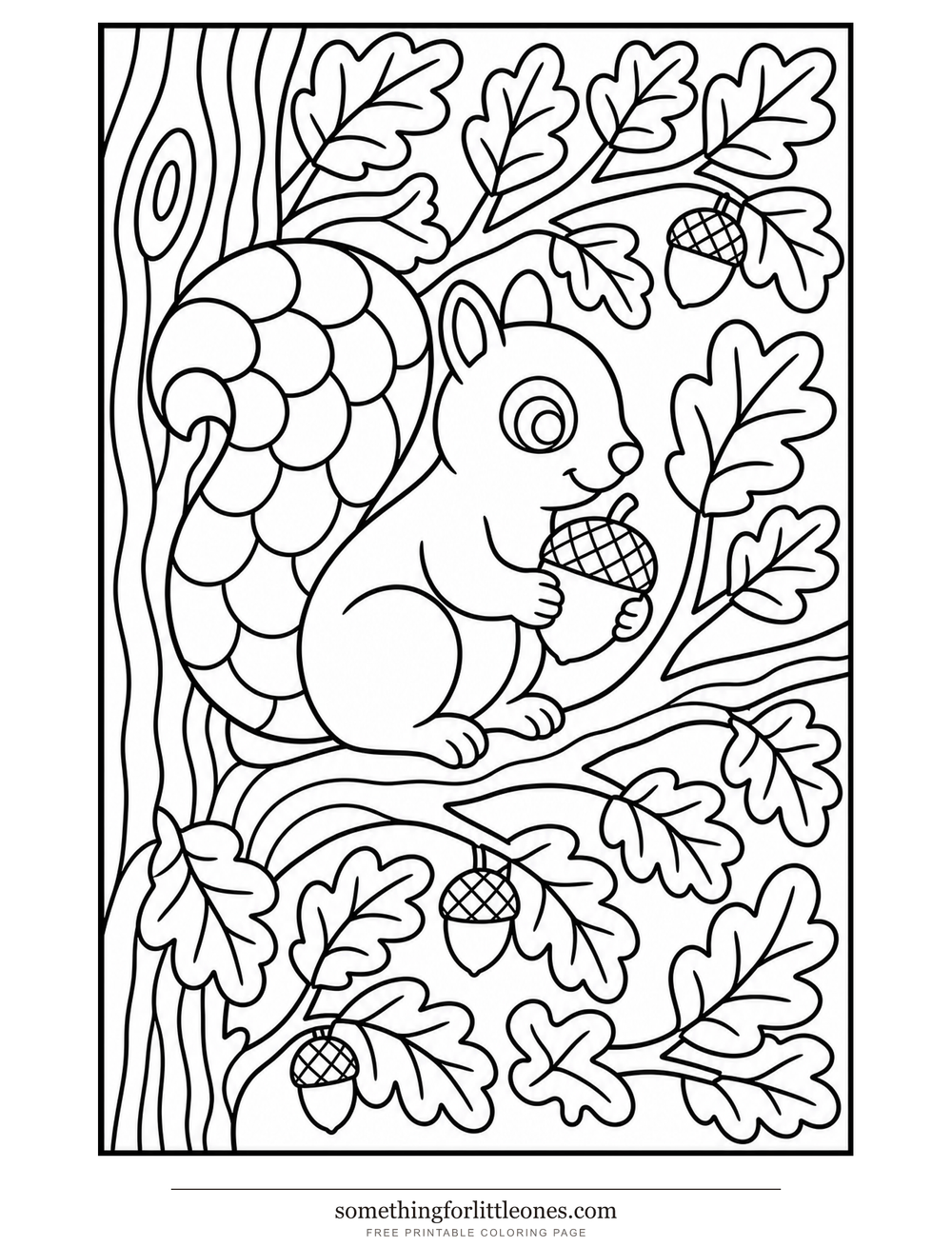Line drawing of a squirrel on a branch, with a patterned tail, leaves, and a tree trunk.